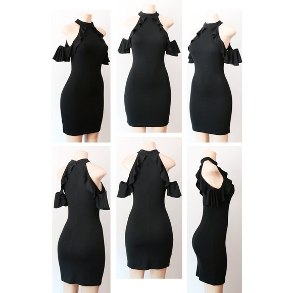 Black Mock Neck Ruffle Cold Shoulder Bodycon Dress - Picture 7 of 8